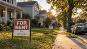 A "for rent" sign in the foreground of an American suburban street with a "for sale" sign further down the block.