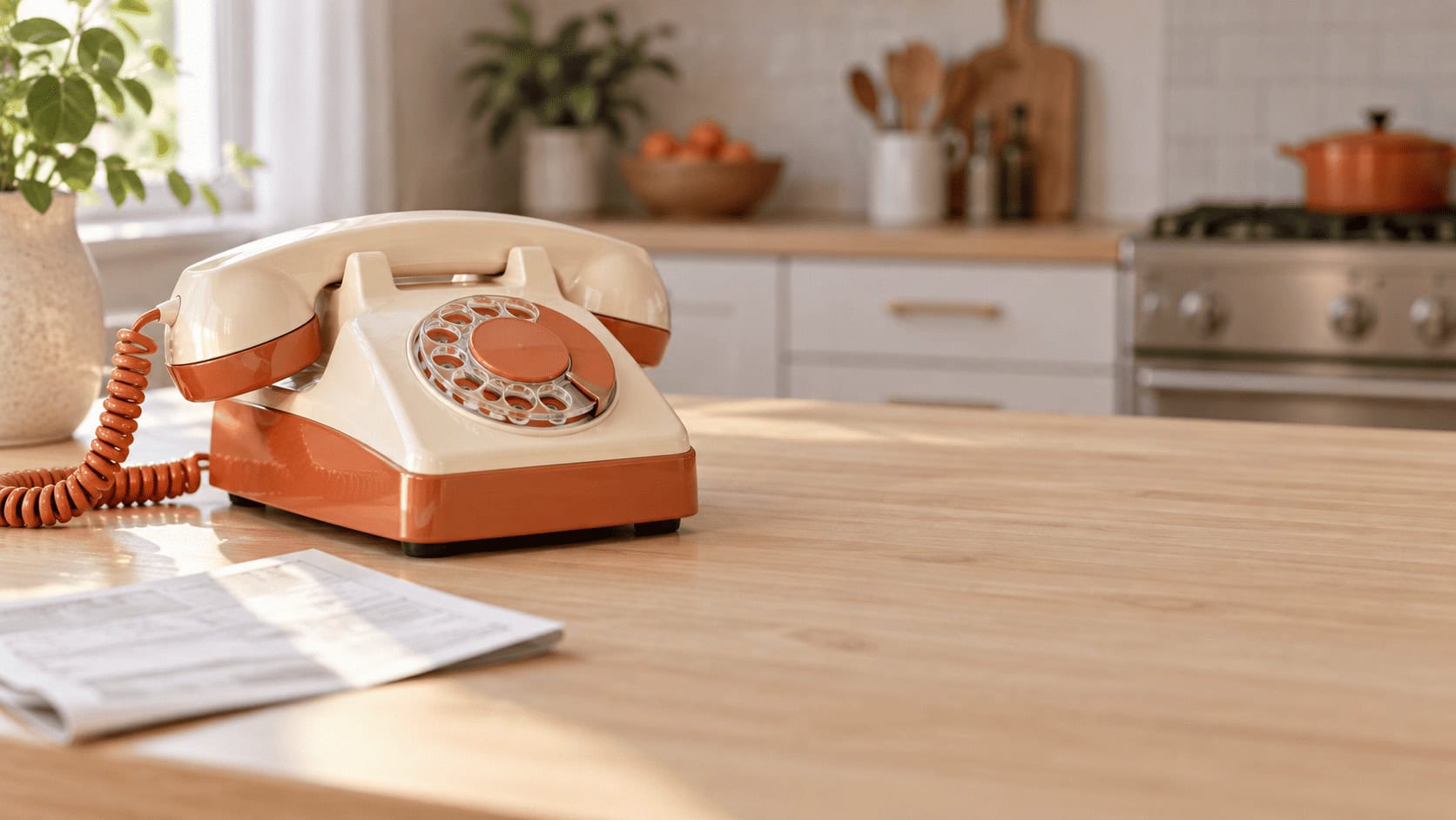 A retro-style cream and orange corded landline phone beside a monthly bill on a kitchen counter, illustrating the retro tech comeback