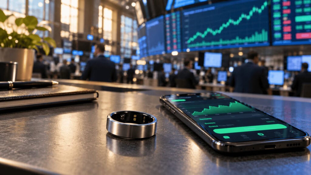 Trading floor screen showing an IPO syndicate cover page with a smart ring resting beside a smartphone brokerage app