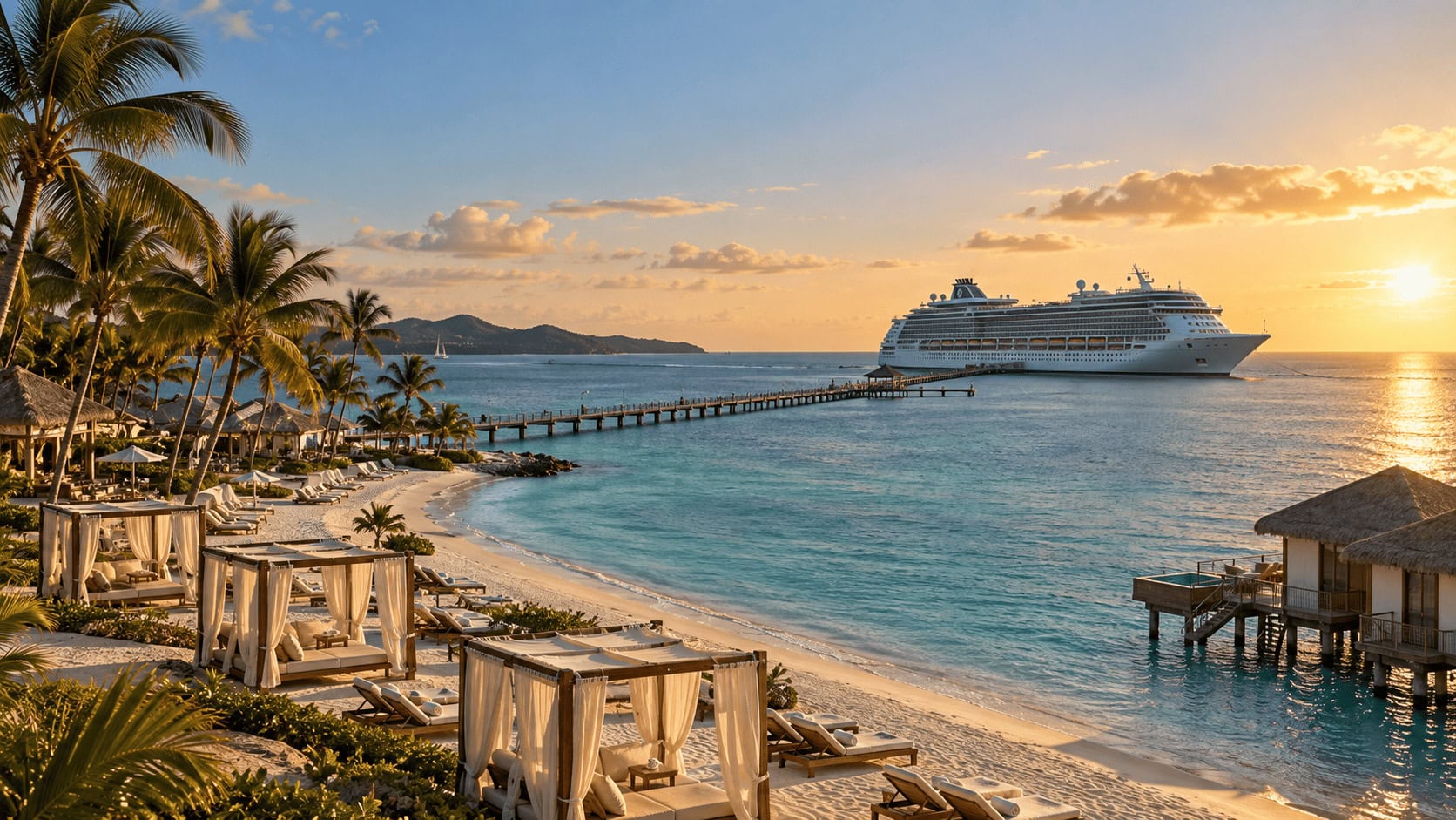 Un crucero fondeado frente a la costa de un complejo turístico caribeño con todo incluido, que cuenta con cabañas, palmeras y villas sobre el agua, al atardecer.