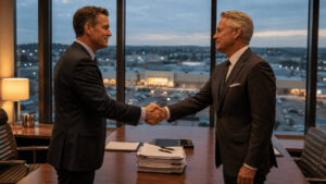 Executives signing documents in a boardroom while a large retail store visible through the window carries a new owner's sign on the parking lot pylon