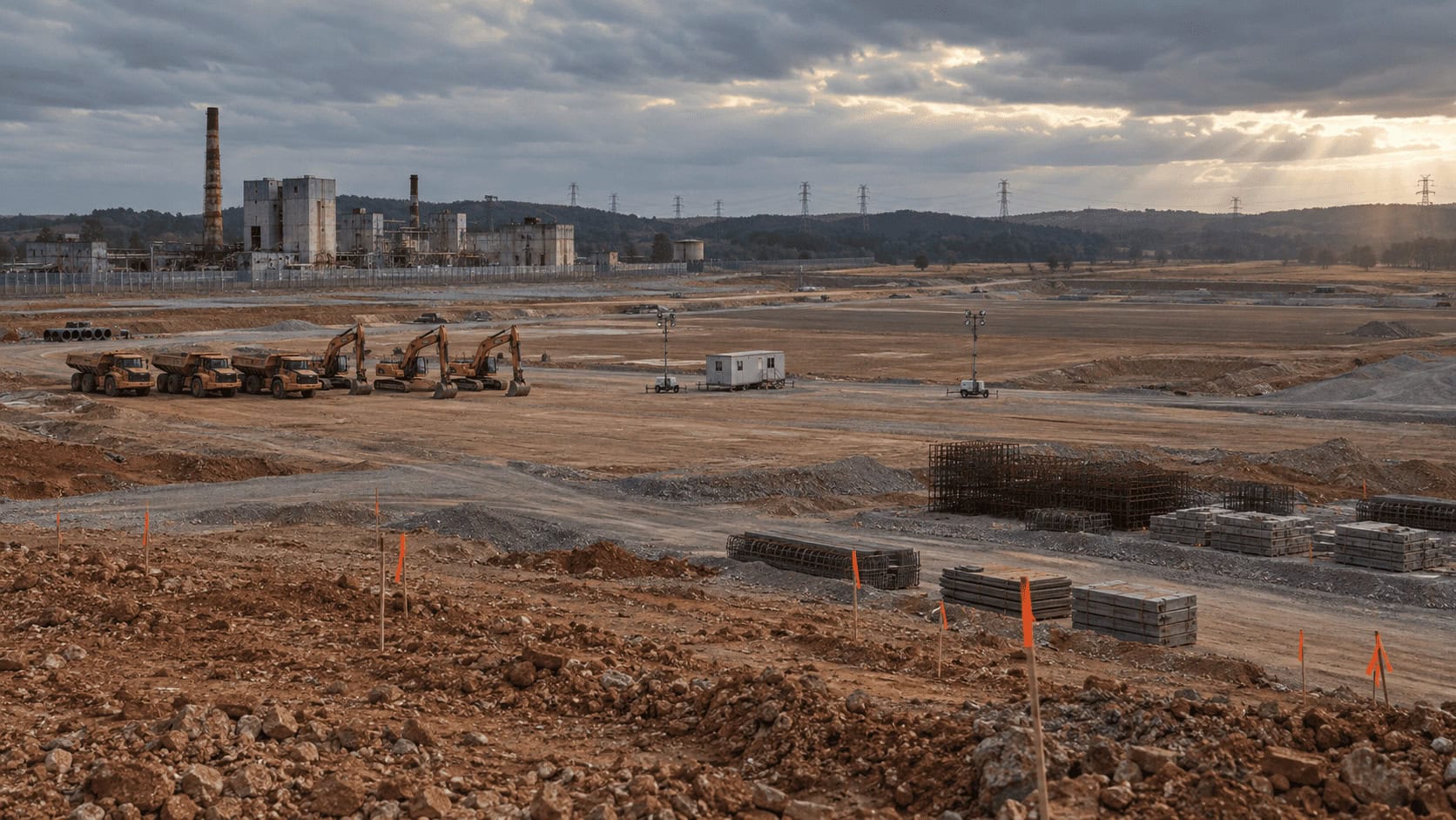 Early-stage construction on a gigawatt-scale data center campus in rural Appalachian Ohio, with cleared federal industrial land and no completed buildings