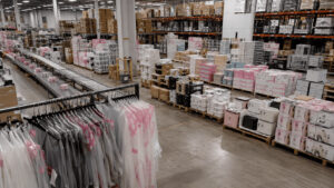 Interior of a Shein fulfillment warehouse where a thin row of garment racks sits in front of stacked pallets of home goods, small appliances and boxed beauty products