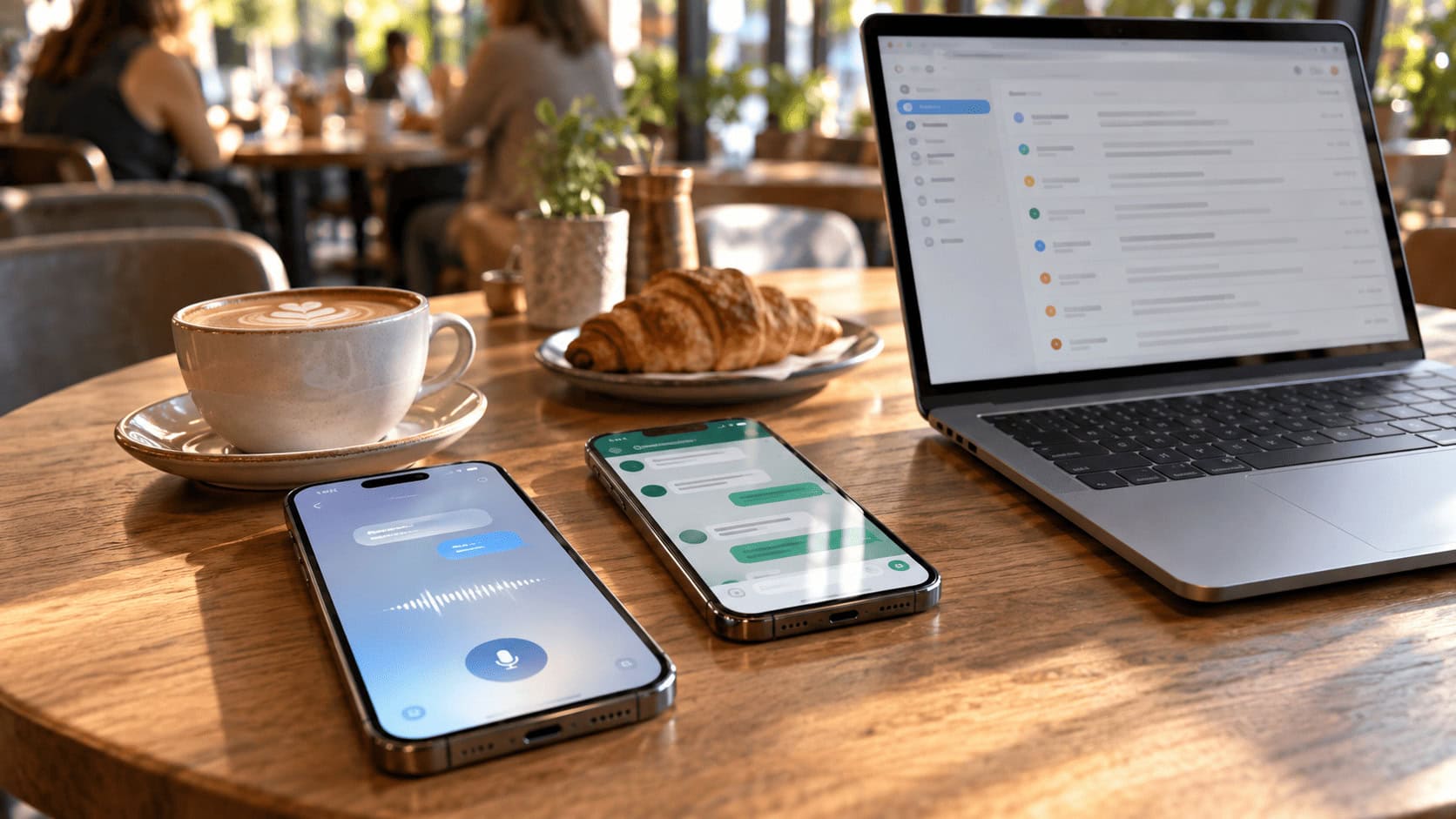 Un iPhone mostrando una conversación con un asistente de voz sobre la mesa de un café, junto a un teléfono con una aplicación de mensajería y un portátil con una bandeja de entrada de correo electrónico