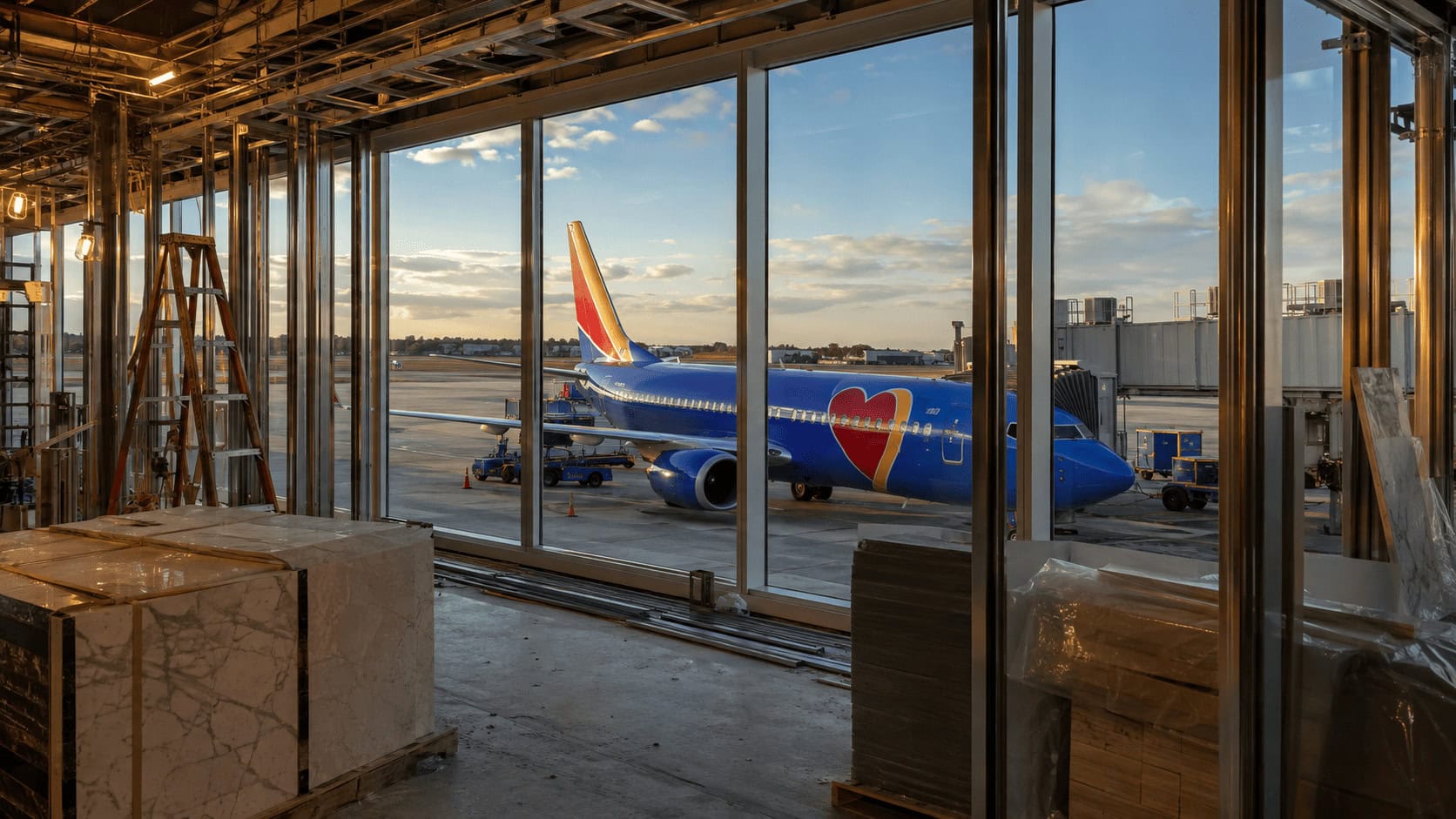 Southwest Airlines Boeing 737 at a jet bridge with an airport terminal construction hoarding in the foreground