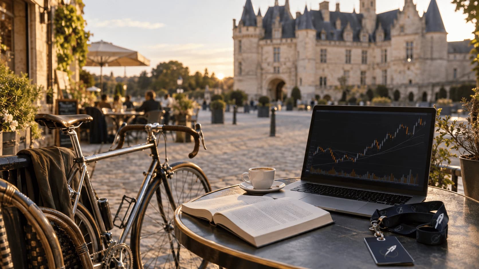 Café table in a French town with a vintage bike, an open novel and a laptop showing a stock chart beside an aerospace company badge