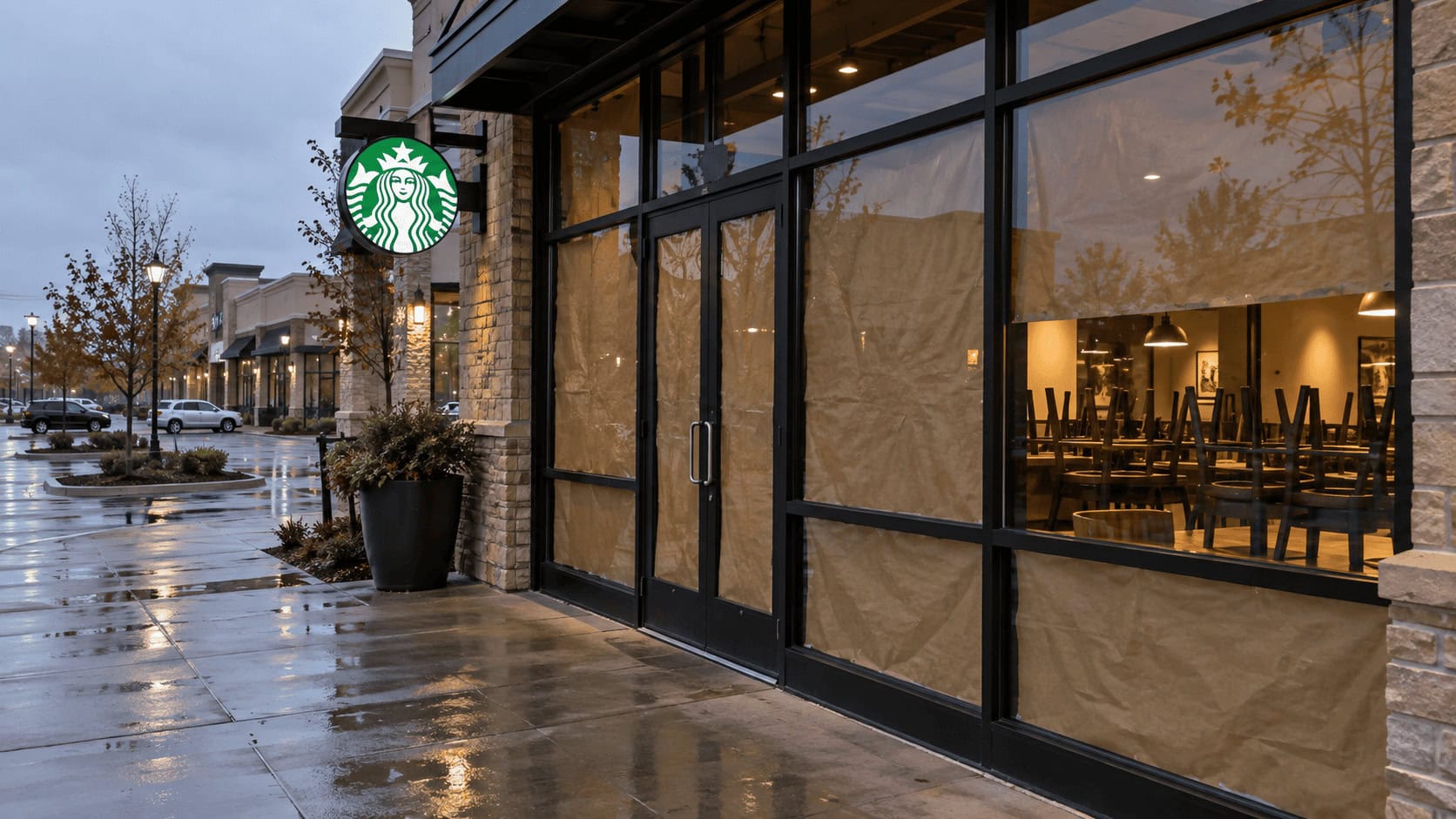Una cafetería Starbucks cerrada, con las ventanas cubiertas con papel y las sillas apiladas sobre las mesas, y su letrero verde con la sirena aún encendido sobre la entrada.