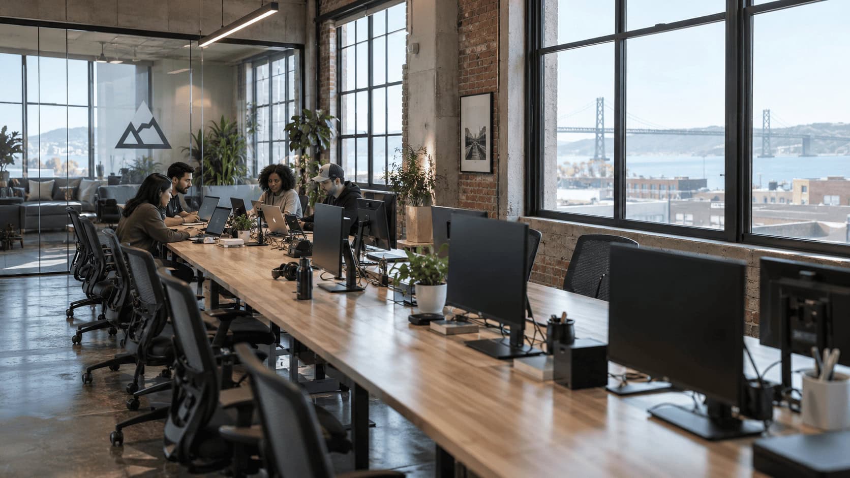 Small startup team of four working at one end of a long office table lined with empty desks and unused monitors