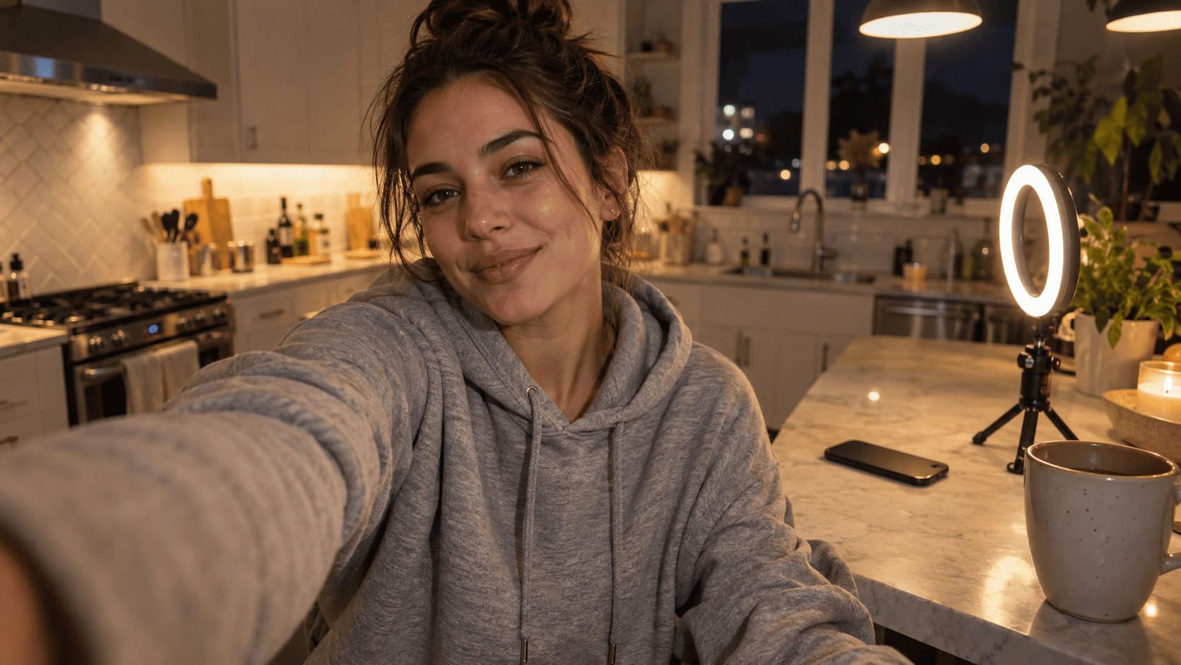 Una joven graba un vídeo selfie en su cocina bajo una luz anular, con un segundo teléfono inteligente sobre la encimera a su lado.