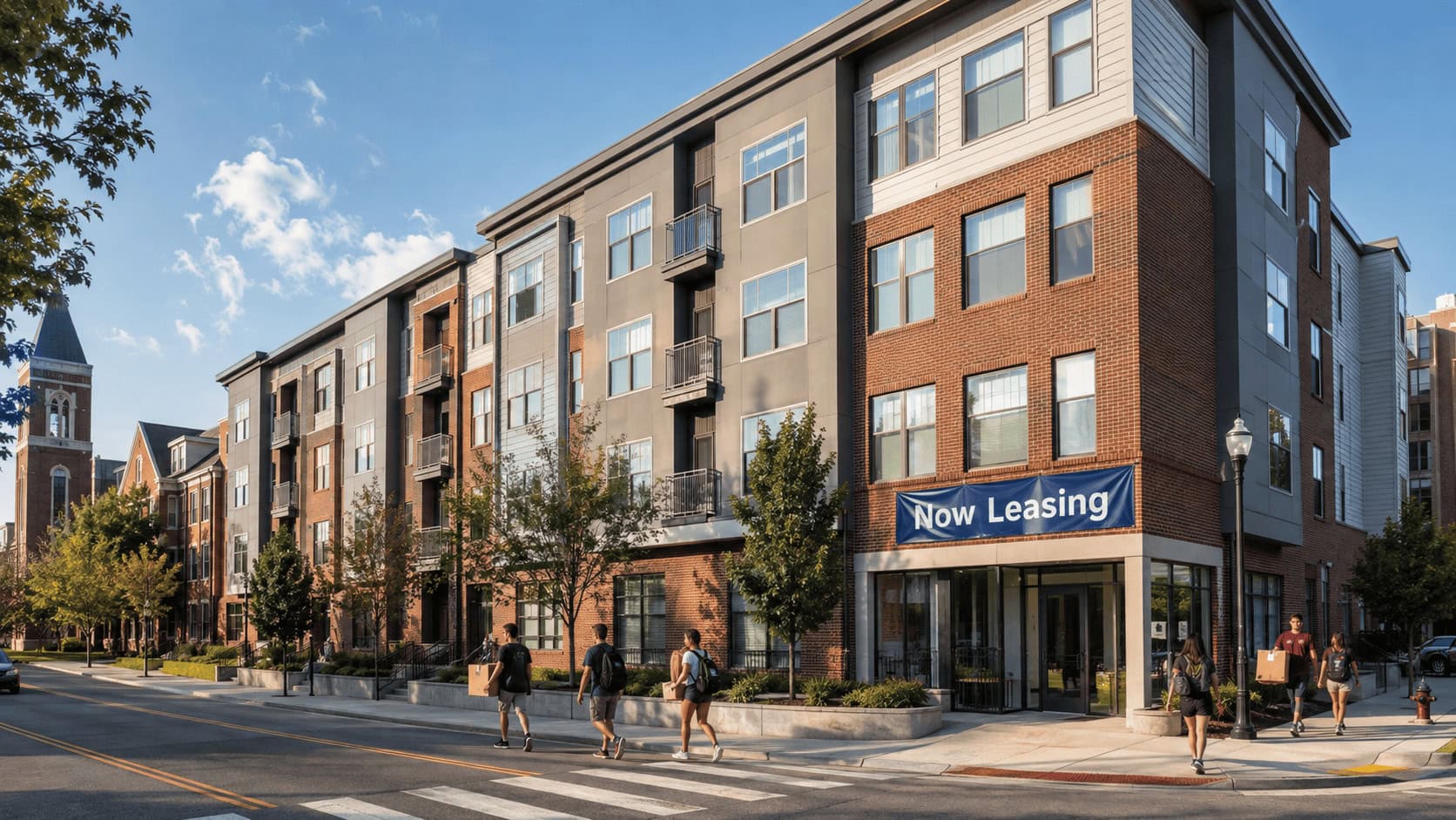 Modern purpose-built student housing apartment block with a leasing banner on a US college-town street as students move in.