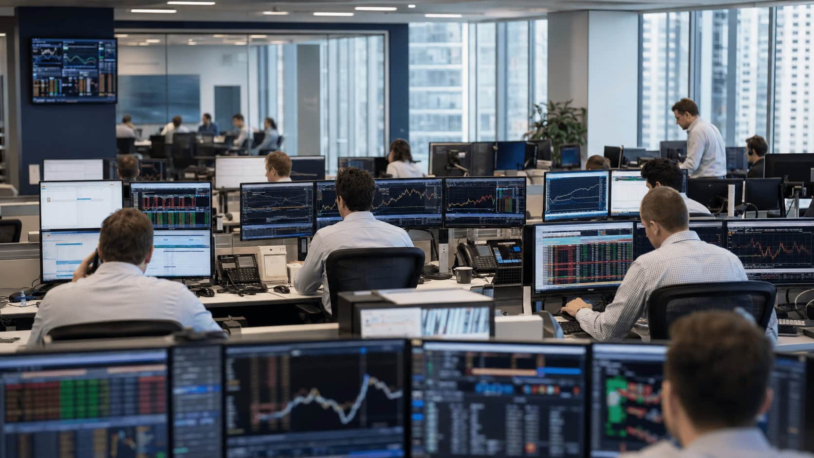 Institutional fixed-income trading floor with monitors showing Treasury yield curves during the September 2026 global bond selloff.
