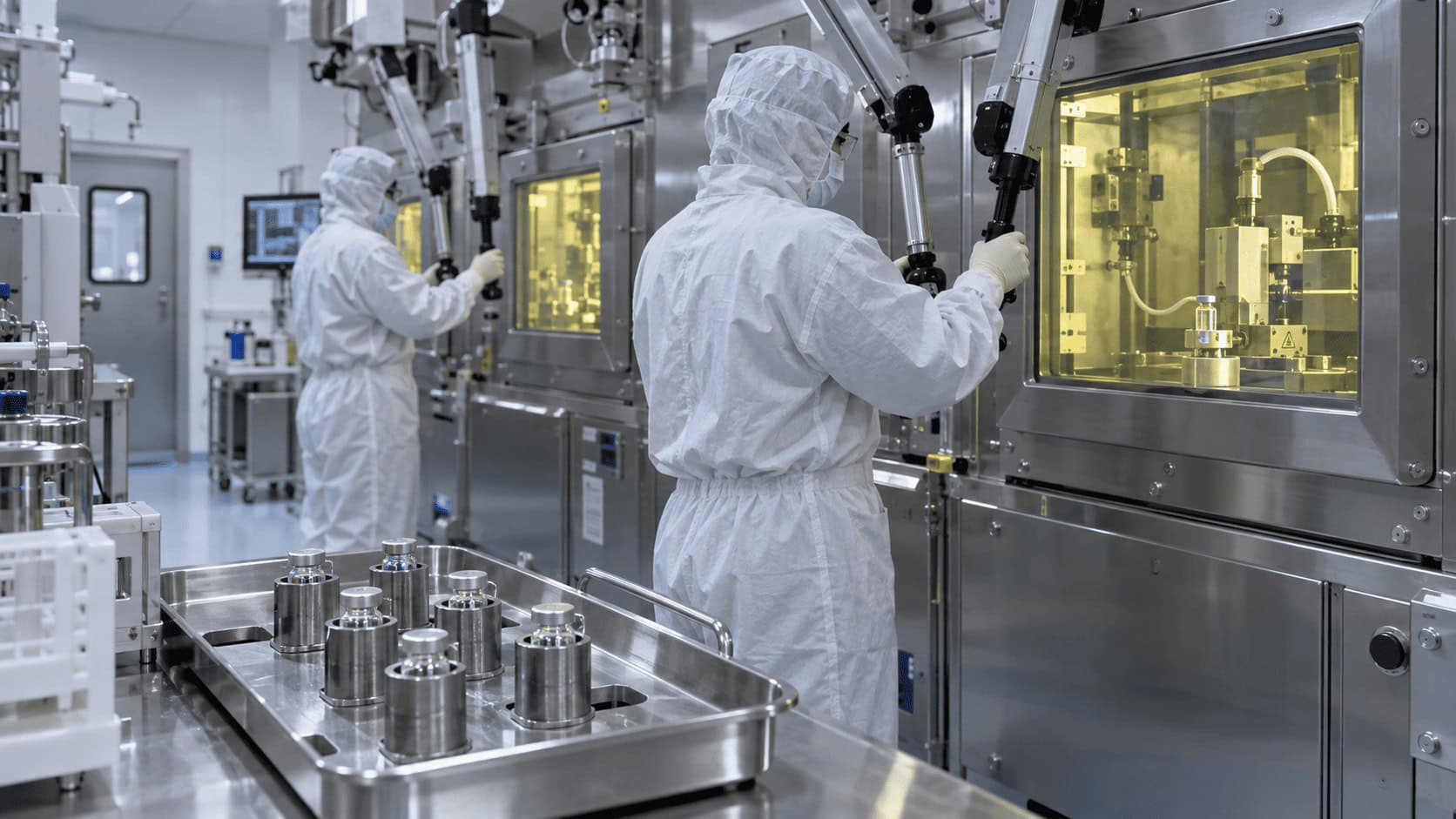 Técnicos trabajando en celdas calientes blindadas con plomo en una sala limpia de producción de radiofármacos