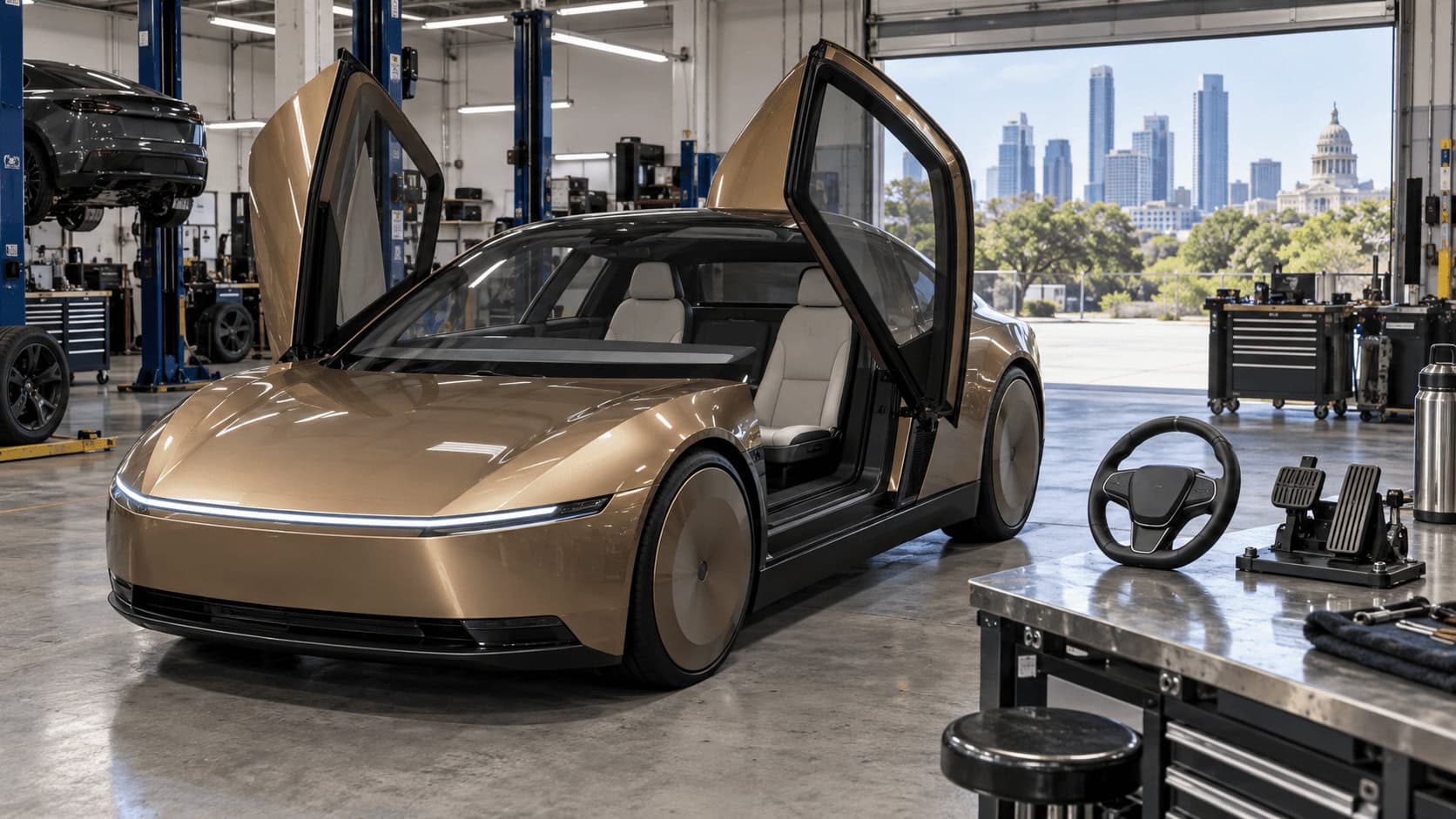 Un Tesla Cybercab de color bronce con un salpicadero vacío en un taller, y un volante y un conjunto de pedales en un banco de trabajo cercano