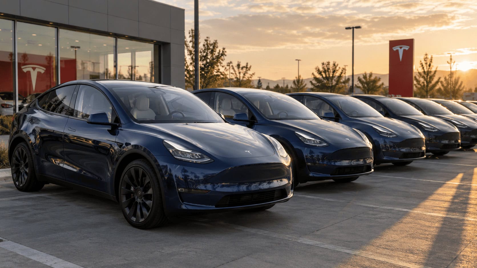 A row of new Tesla Model Y crossovers parked nose-in on a delivery lot outside a Tesla store, with the T logo visible on the building.