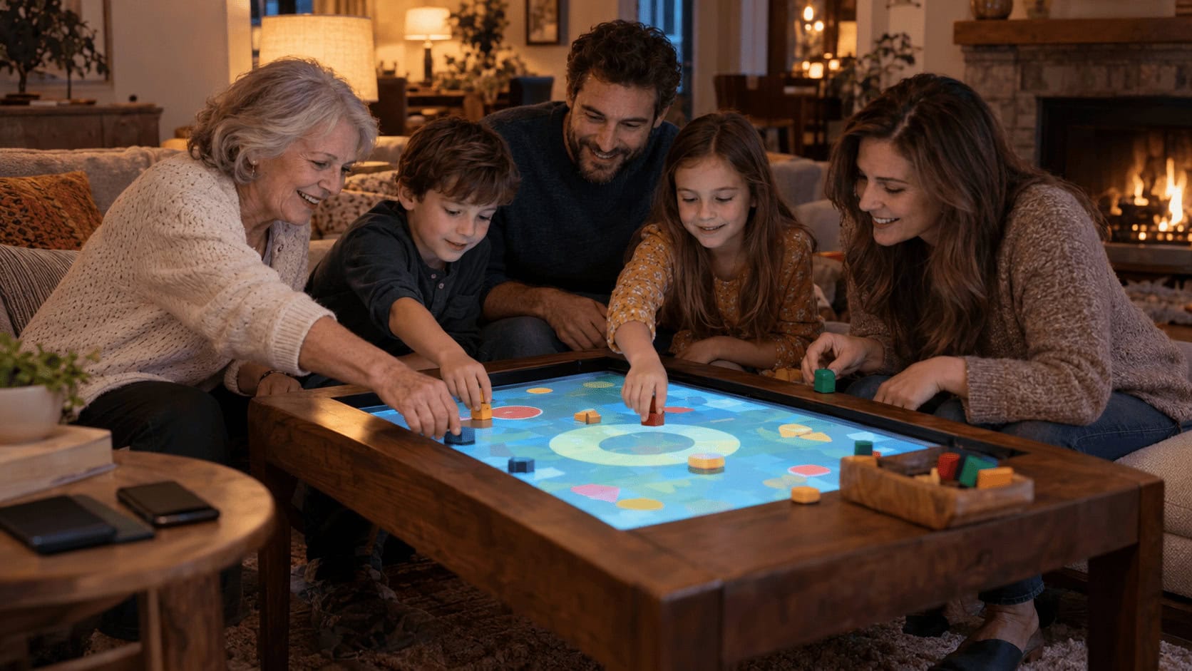 Una familia de diferentes edades juega a un videojuego en una mesa con pantalla táctil y piezas físicas en el salón de una casa.