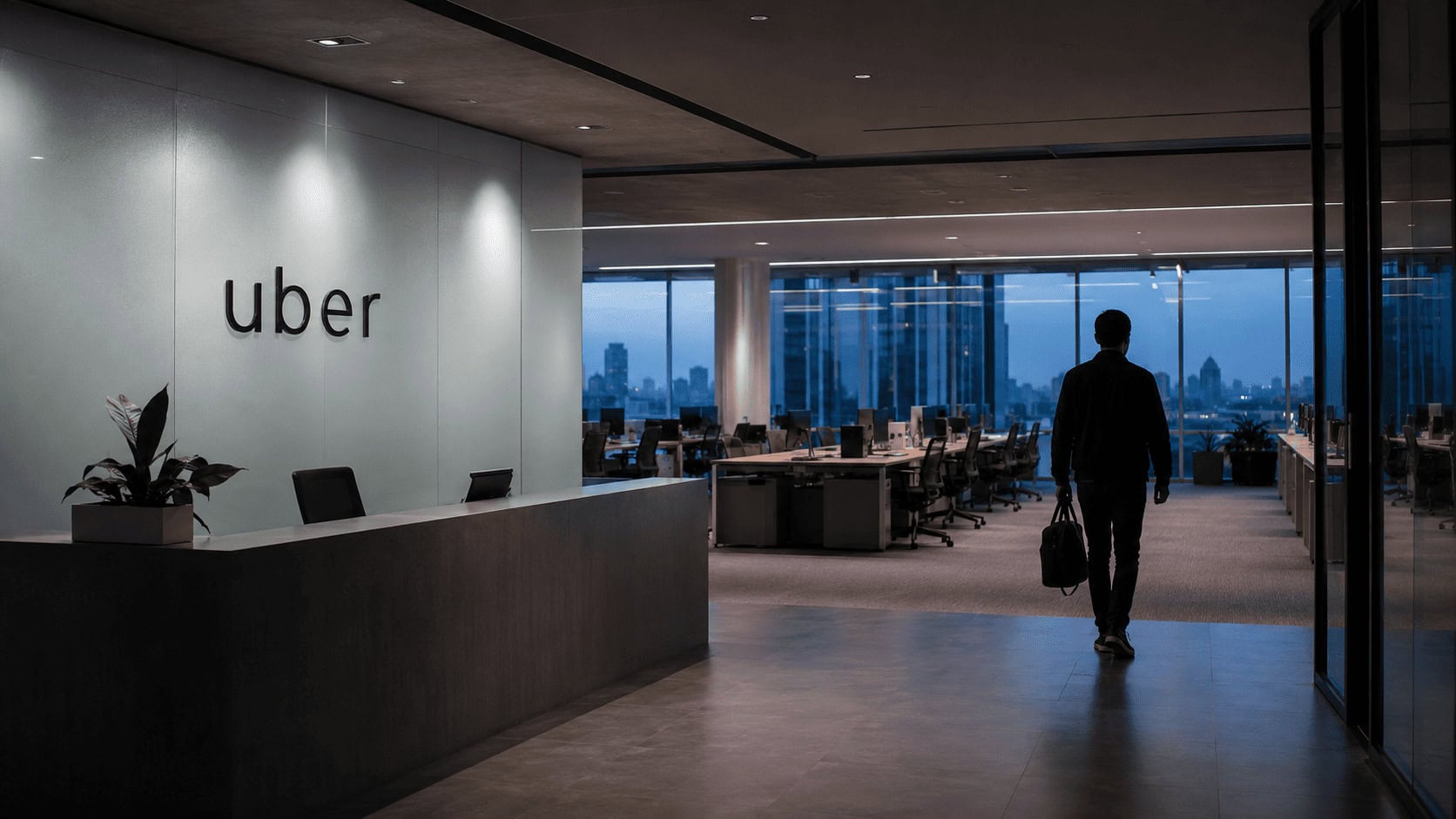 Uber office interior with the company logo on glass and mostly empty desks after a restructuring announcement