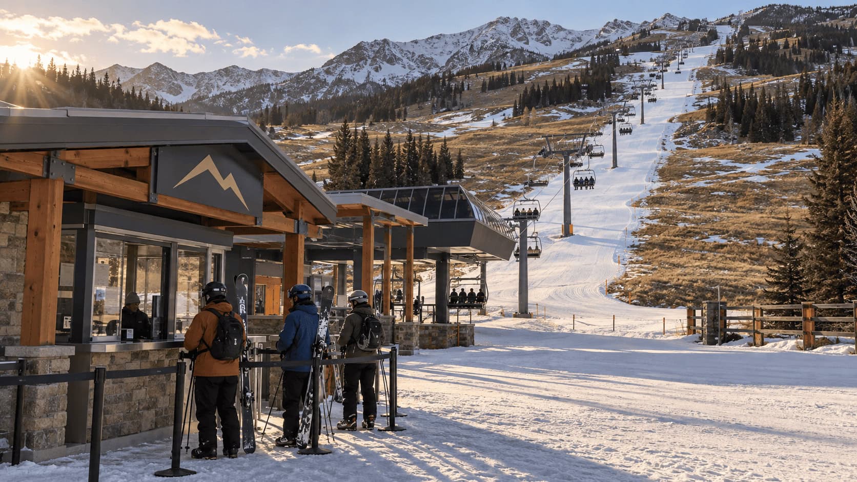 Ski resort base area with thin machine-made snow, brown grass patches and a quiet lift ticket window under a chairlift.