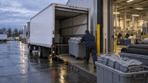 Uniform-services delivery truck loading bins of folded work shirts at an industrial laundry plant dock at dawn