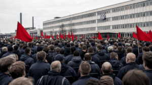 Volkswagen employees and union representatives gathered outside the company's Wolfsburg headquarters during a works council rally.