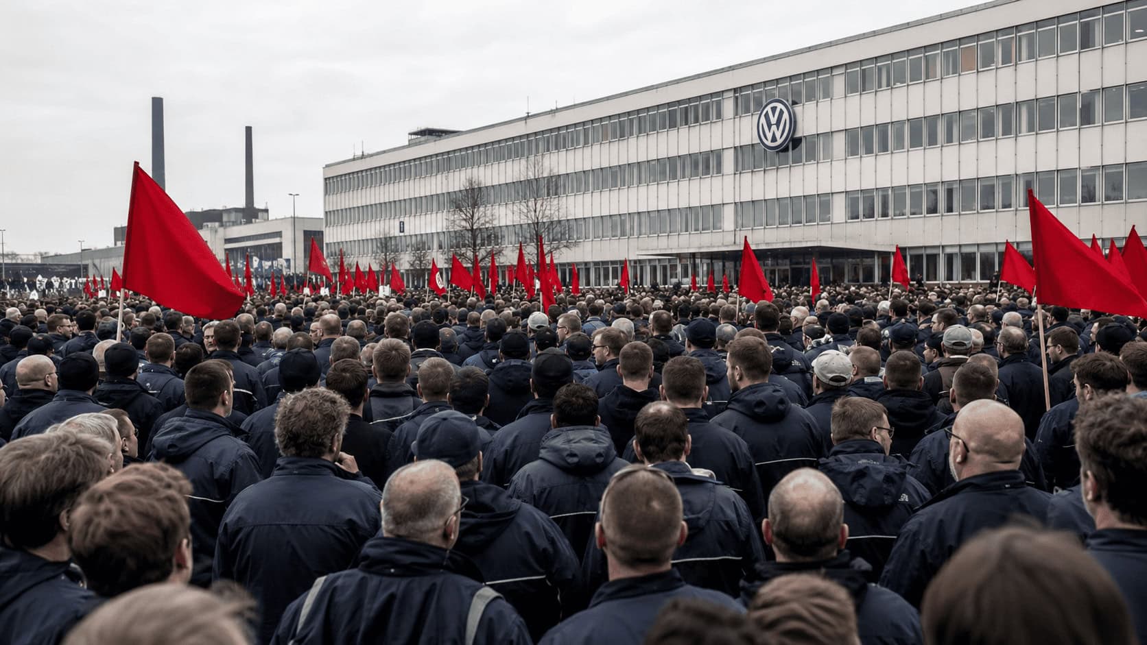 Volkswagen employees and union representatives gathered outside the company's Wolfsburg headquarters during a works council rally.