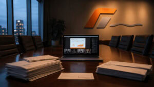 Empty corporate boardroom with a laptop streaming a virtual shareholder meeting to rows of vacant chairs.