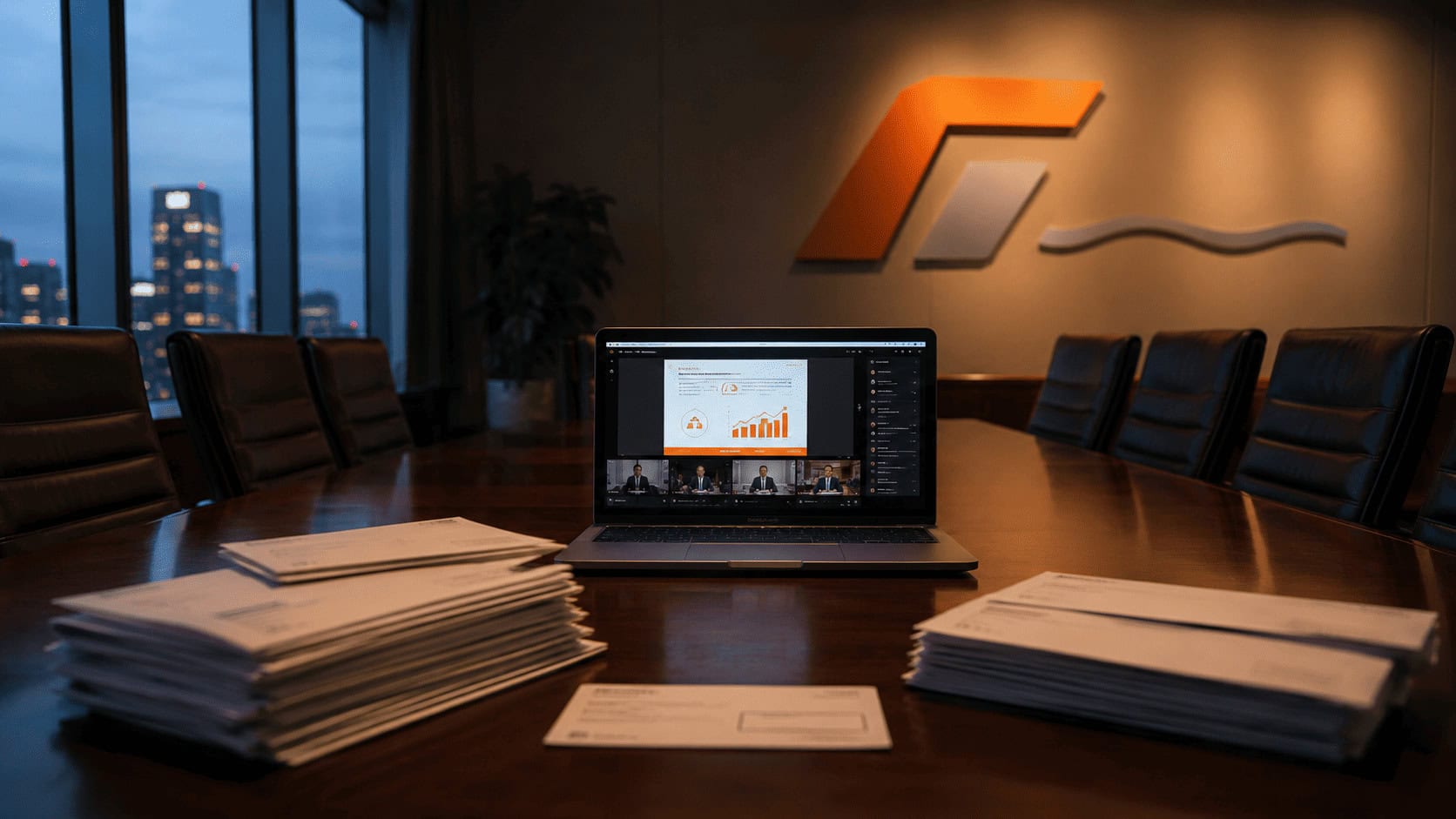 Empty corporate boardroom with a laptop streaming a virtual shareholder meeting to rows of vacant chairs.