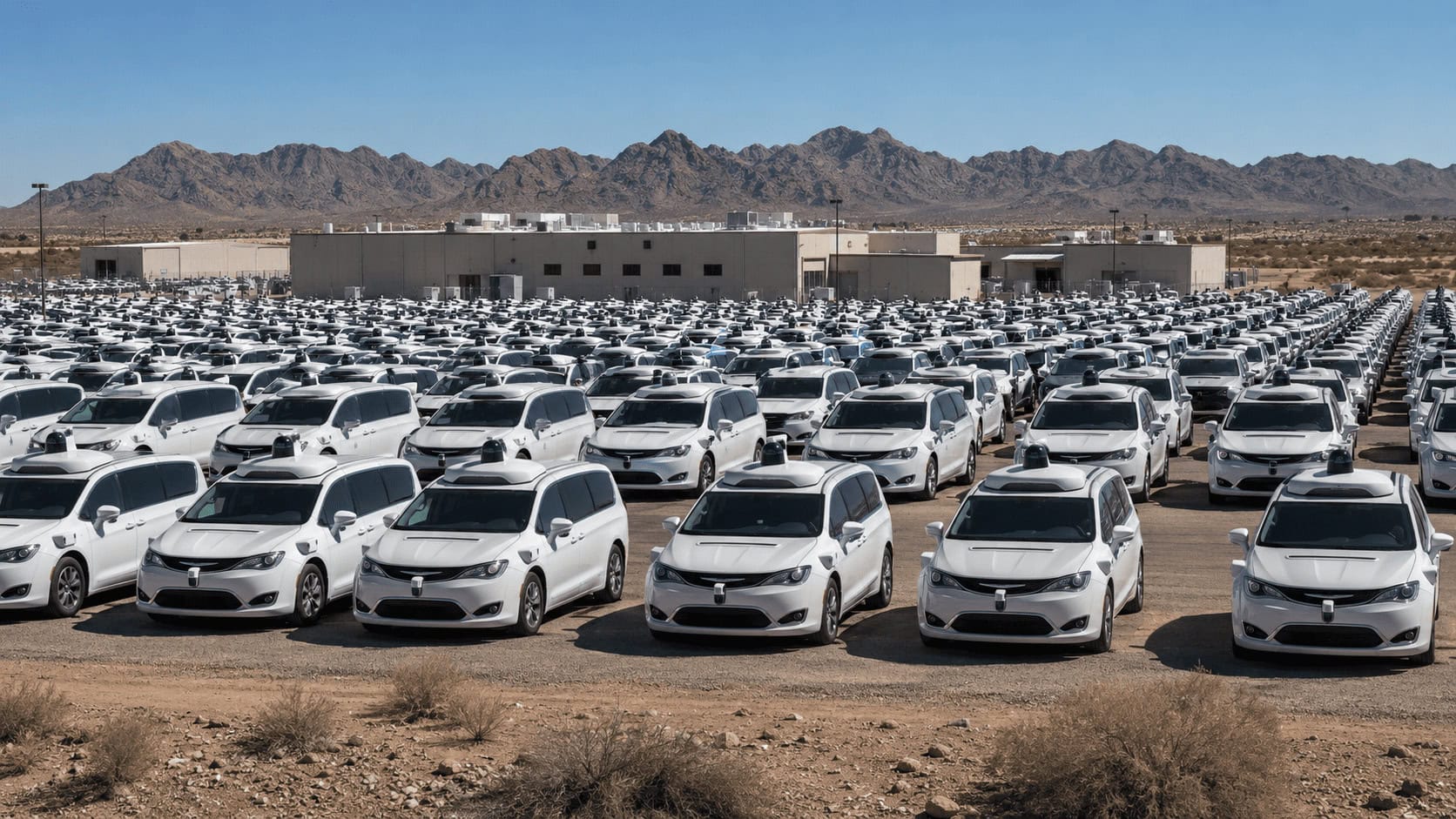 Rows of white Waymo Ojai minivan robotaxis parked in a large Arizona lot under bright sun, with the Waymo logo visible on the side panels