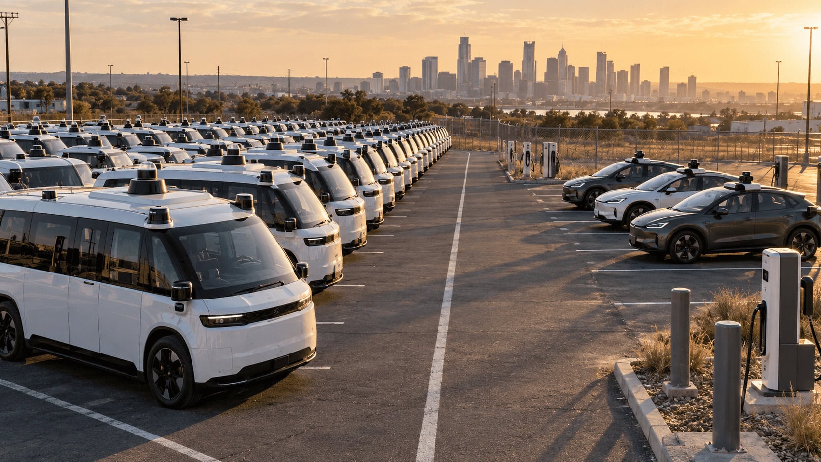 Rows of white robotaxi minivans with roof-mounted sensors parked at a Texas depot at sunset, beside a smaller group of compact autonomous cars, with the Austin skyline in the distance.