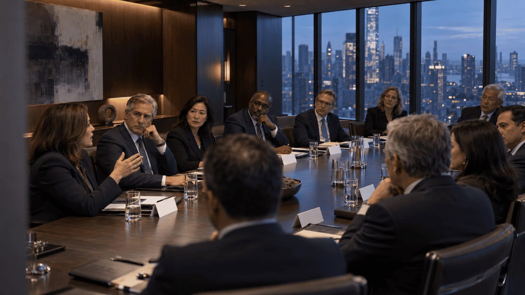Business executives seated around a long table at a private leadership council meeting in a Manhattan conference room.