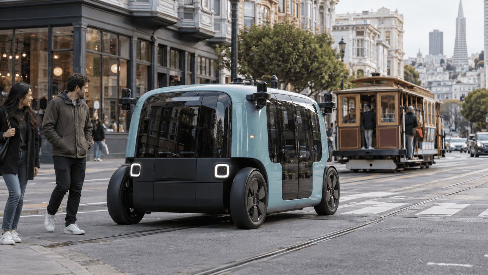 Boxy turquoise Zoox robotaxi with no driver's seat parked on a San Francisco street as pedestrians walk past