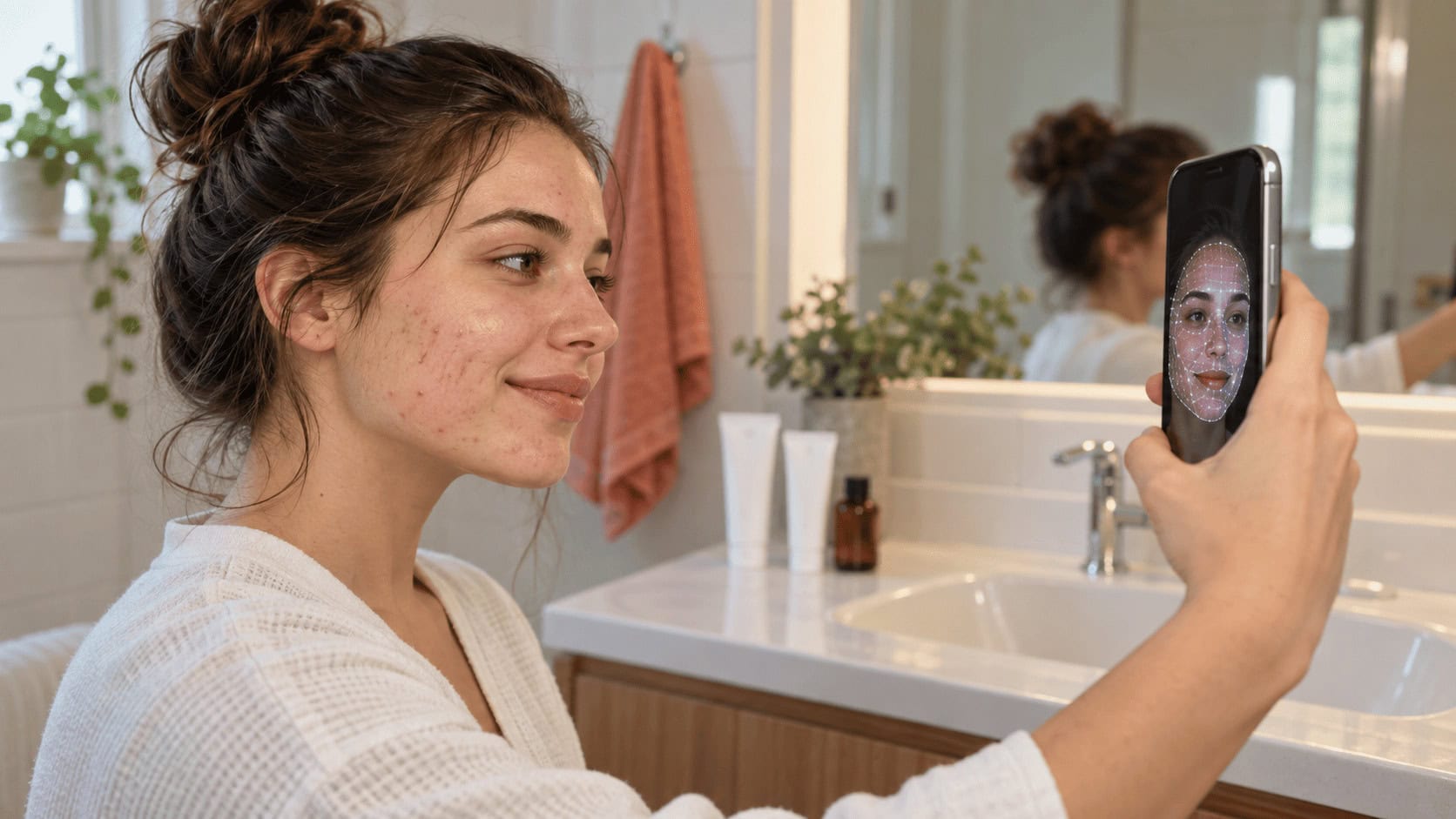 Un jeune adulte tient son smartphone devant son visage pour un scan cutané par IA dans une salle de bain, avec des tubes de crème anti-acné sans marque sur le comptoir