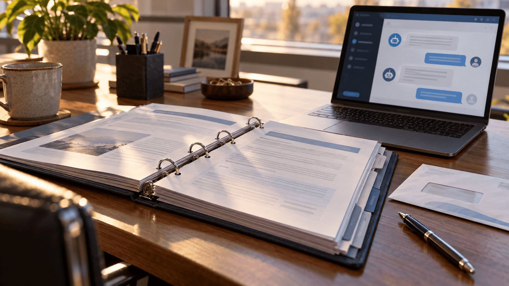 Carpeta de póliza de seguro comercial abierta en una página de endoso junto a una computadora portátil que ejecuta un chatbot empresarial