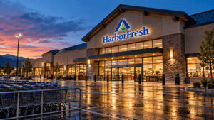 Exterior of a Safeway-style supermarket at dusk, part of the Albertsons chain suing Kroger over their failed merger