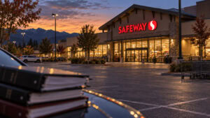 Safeway supermarket storefront at dusk with its sign lit and a quiet parking lot