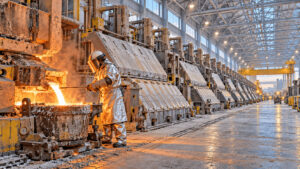 Worker tapping molten aluminum from a reduction cell along a smelter potline