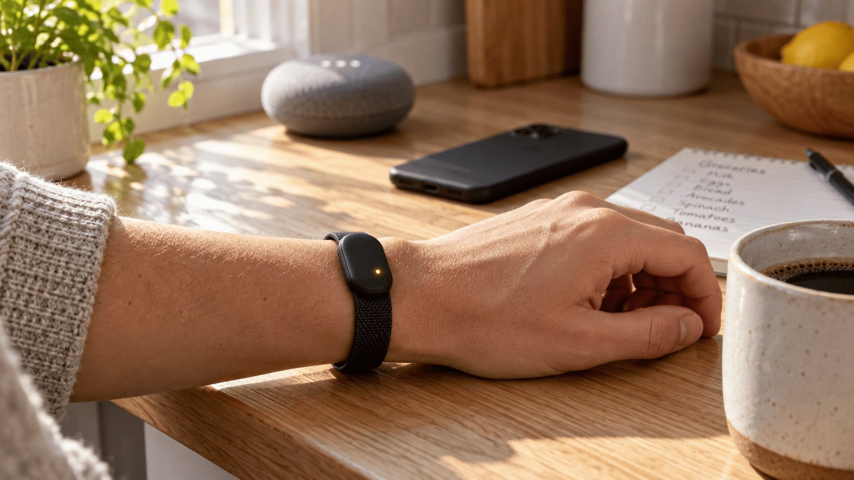 Una persona lleva una pequeña pulsera con IA en una cocina mientras su teléfono inteligente está boca abajo sobre la encimera