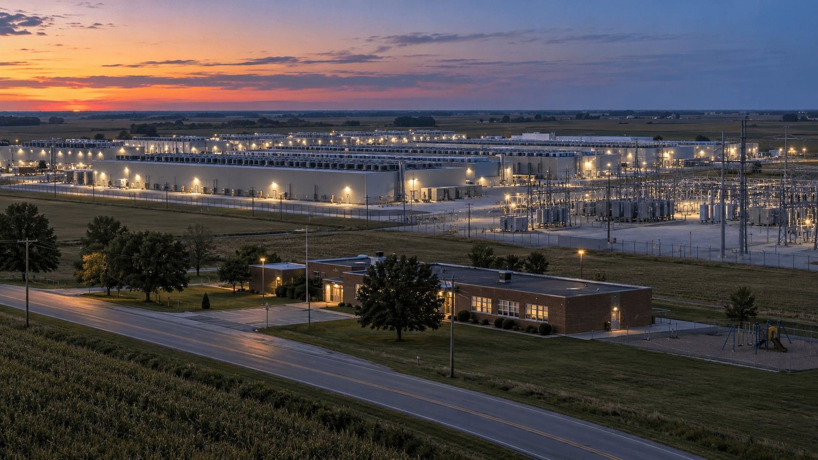 Gran campus de centro de datos junto a tierras de cultivo y una escuela rural en el norte de Indiana al atardecer