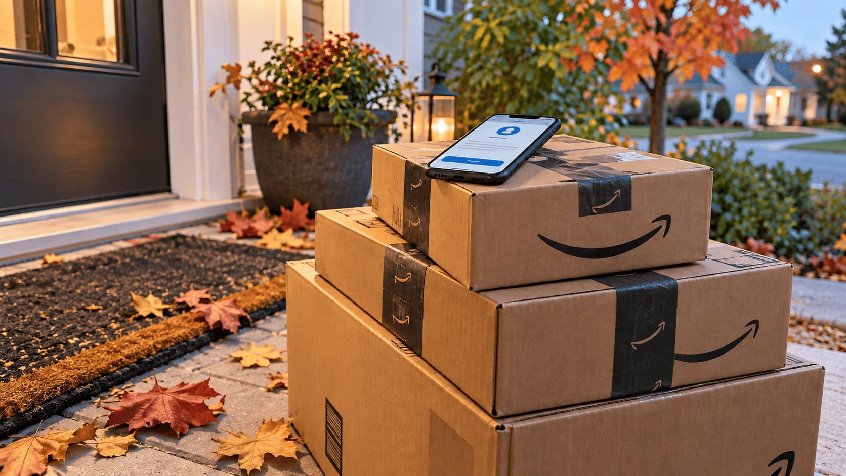 Pila de cajas de Amazon en el porche de una casa en otoño, con un teléfono mostrando la pantalla de suscripción a Prime