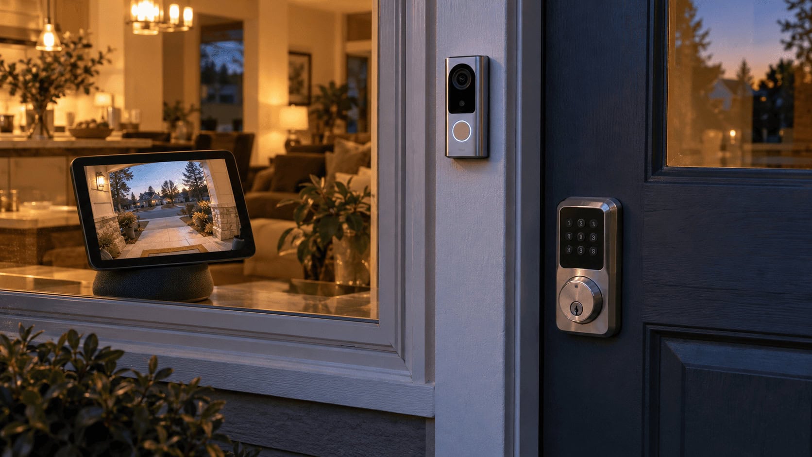 Front door at dusk with a video doorbell and smart lock, and a small countertop smart display inside showing the porch
