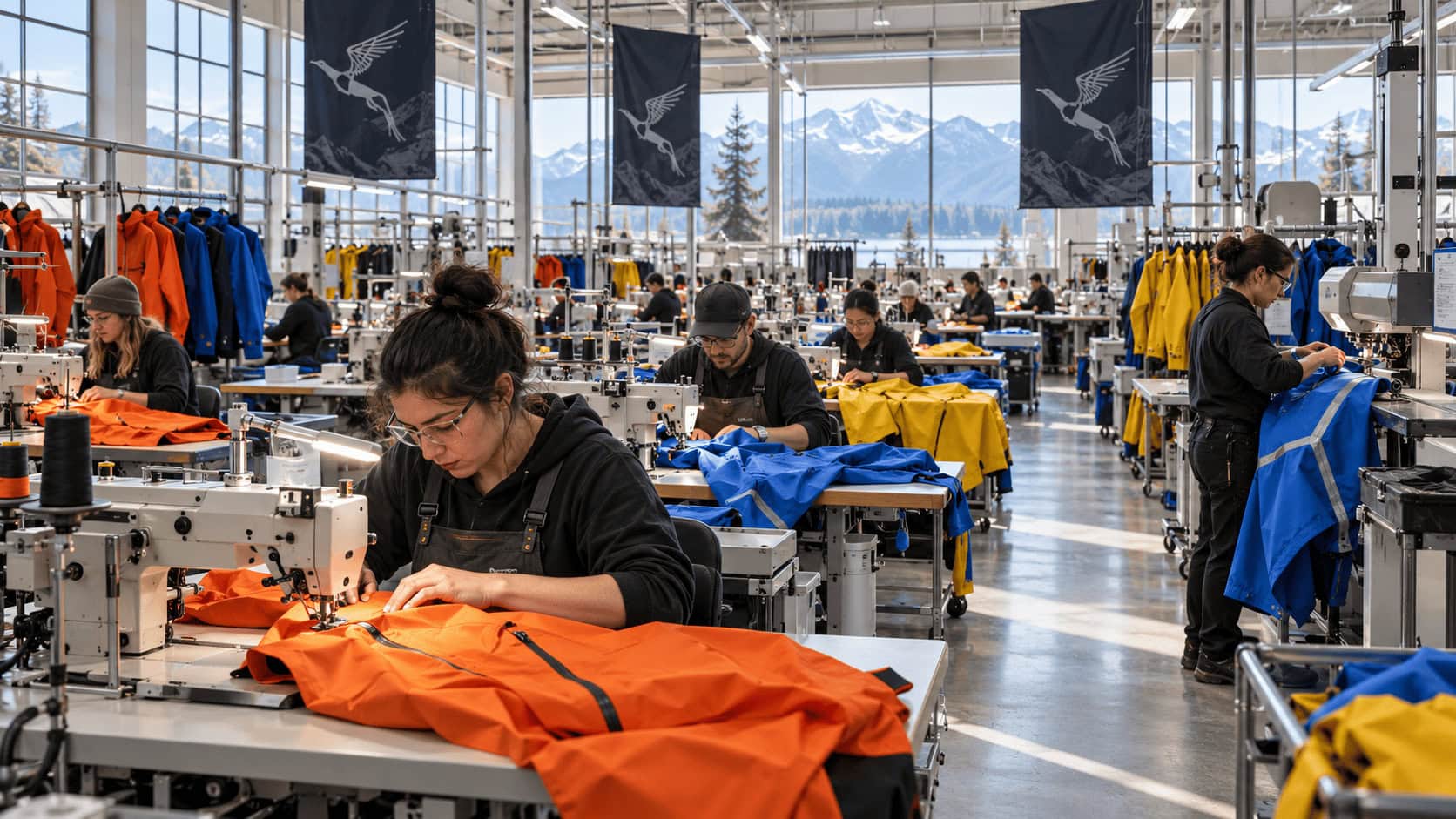 Workers sewing technical shell jackets at long production tables inside a bright Canadian apparel factory.