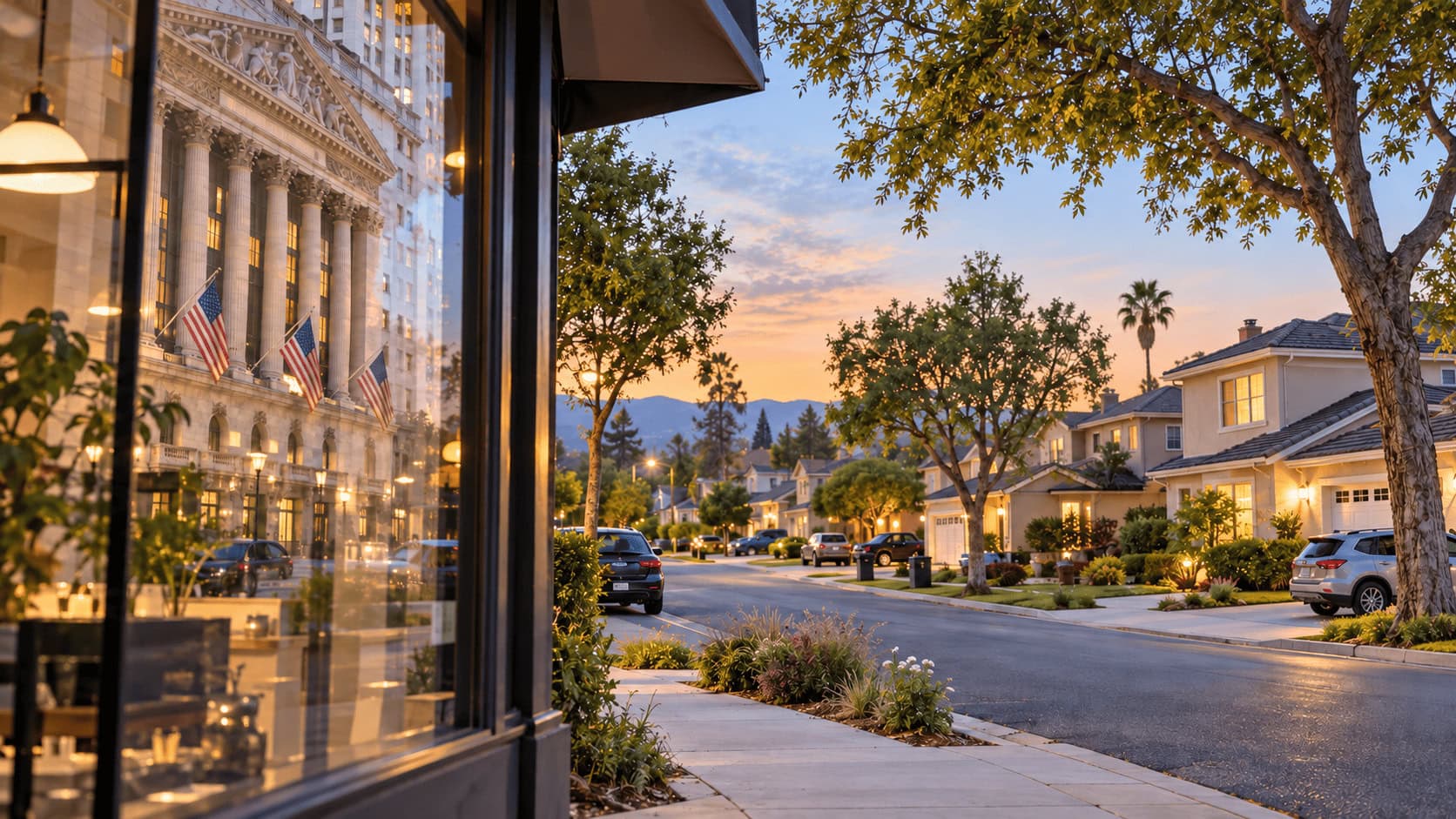 Casas suburbanas de California al atardecer con el reflejo de la fachada de la Bolsa de Nueva York en el escaparate de una tienda