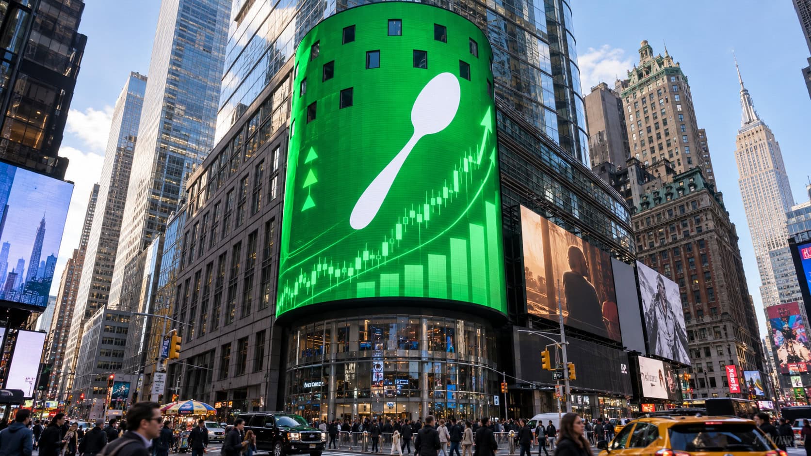 Nasdaq MarketSite tower in Times Square displaying a technology company’s listing graphics on a sunny day