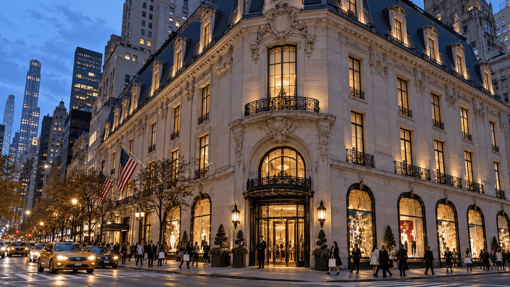 La emblemática tienda de piedra caliza de Bergdorf Goodman en la Quinta Avenida al anochecer, con los escaparates iluminados y un portero en la entrada
