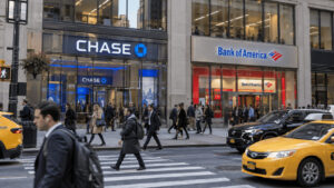 Chase and Bank of America branches facing each other on a busy Manhattan street during the morning commute