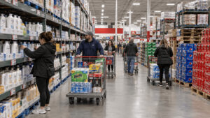 Shoppers pushing carts past shelves of body wash and soda inside a BJ’s Wholesale Club, with a few empty shelf spots.