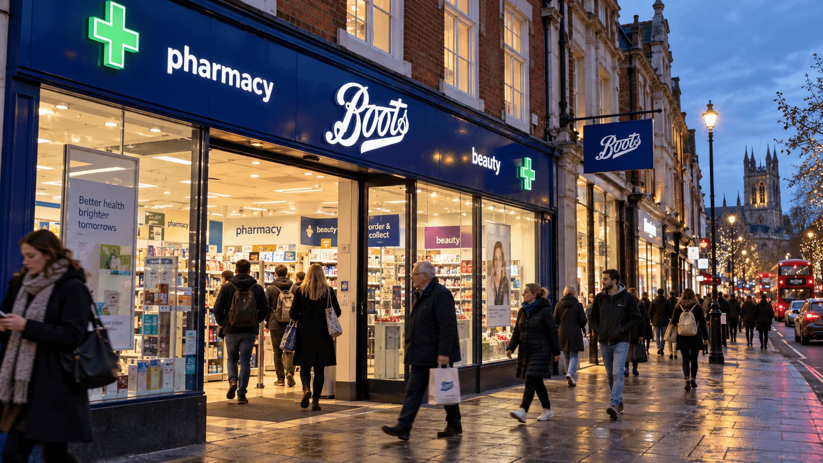 Façade de la pharmacie Boots sur une rue commerçante britannique au crépuscule, avec des passants