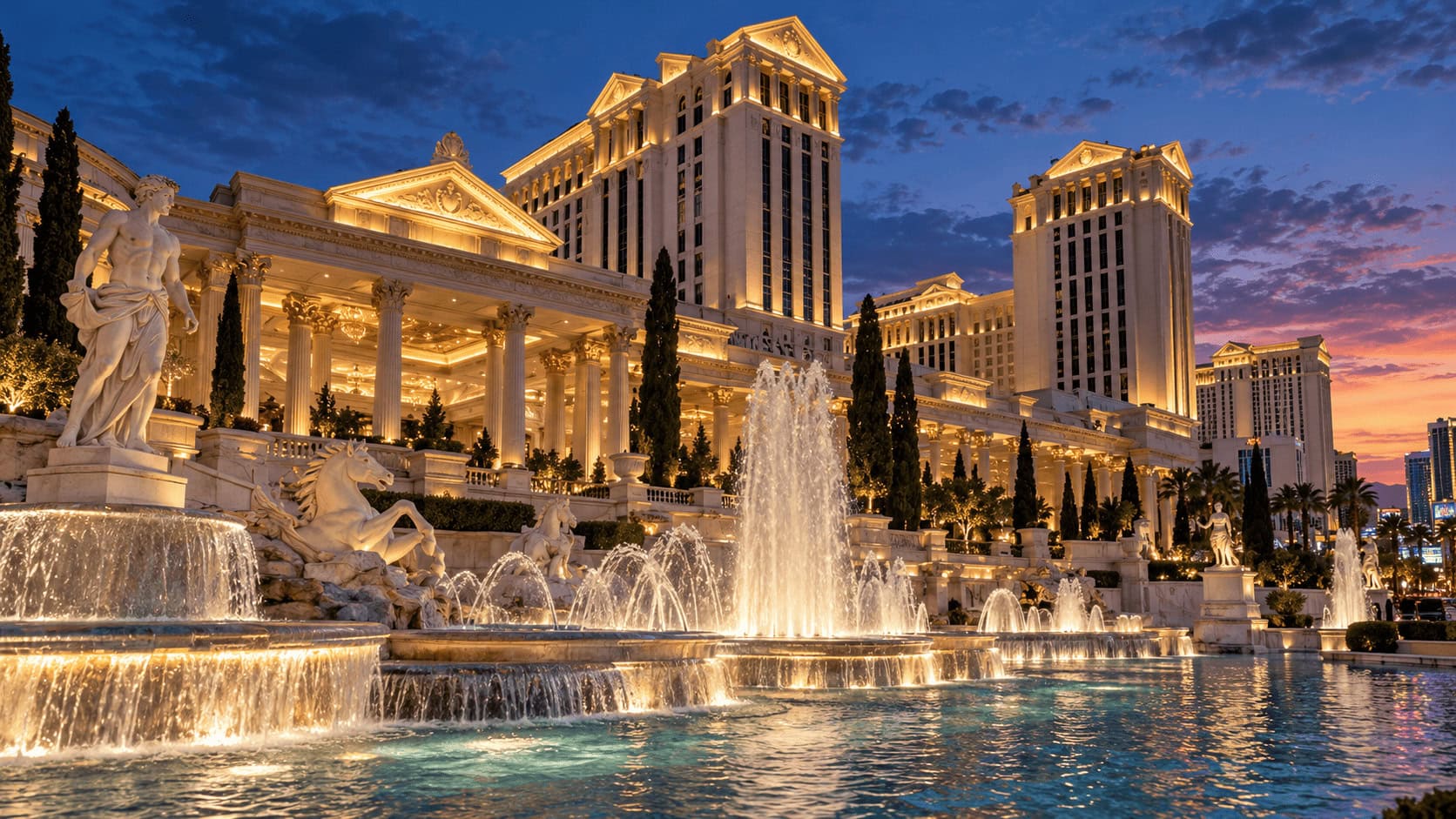 Caesars Palace resort and its fountains on the Las Vegas Strip at dusk