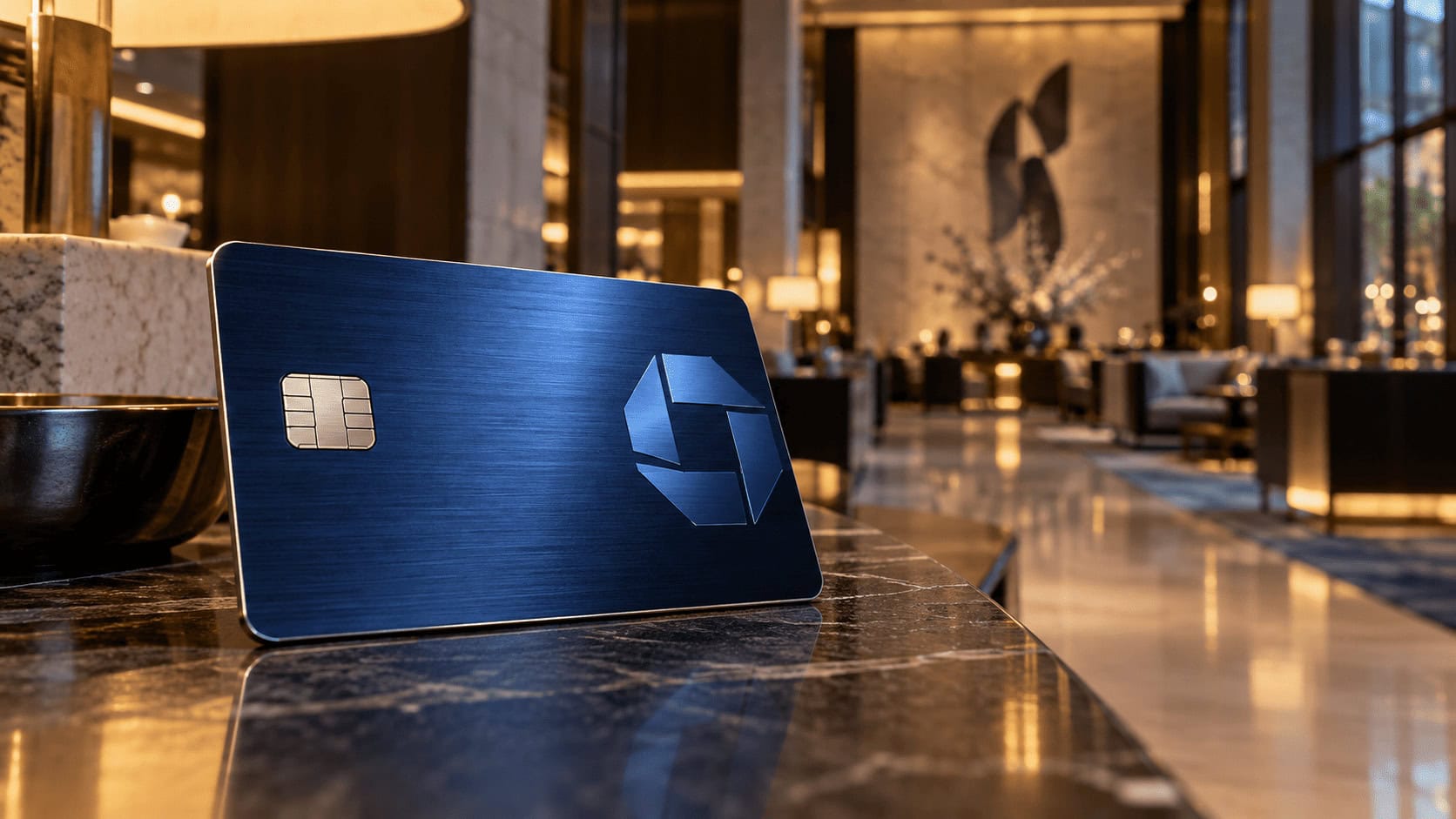 Tarjeta de crédito metálica para viajes sobre el mostrador de recepción de un hotel de lujo, que ilustra cómo la tarjeta Chase Sapphire Preferred pierde valor en las transferencias a Hyatt.