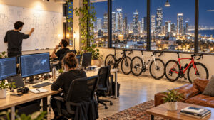 Late-night startup office in Tel Aviv with data-flow diagrams on a whiteboard and three bicycles parked by the window