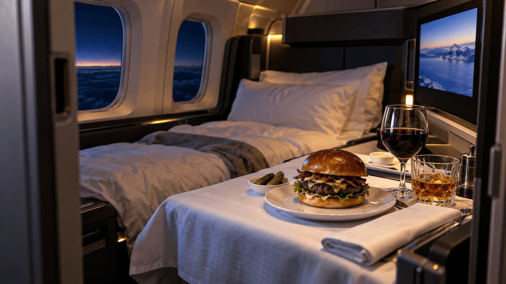 Suite de clase ejecutiva con una hamburguesa, bourbon y vino tinto en la mesita plegable, lo que ilustra la renovación de la cabina premium de Delta One